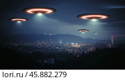 Unidentified flying objects hover over a city buildings skyline at night. Стоковое AI-изображение, AI-художник Михаил Коханчиков / Фотобанк Лори