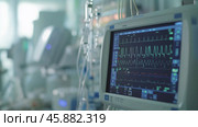 Medical monitoring equipment displays vital signs in a hospital room during patient care. Стоковое AI-изображение, AI-художник Михаил Коханчиков / Фотобанк Лори