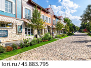 Historic buildings on the pedestrian street in the city center near the Pskovo-Pechersky Dormition Monastery (2024 год). Редакционное фото, фотограф FotograFF / Фотобанк Лори