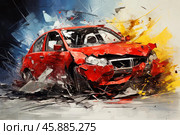 Red wrecked car crashing with shattered windshield and broken bumper. Стоковое AI-изображение, AI-художник Иван Рябоконь / Фотобанк Лори