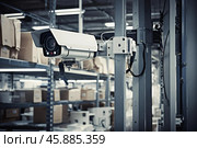 Security camera monitoring inventory in warehouse or distribution center. Стоковое AI-изображение, AI-художник Иван Рябоконь / Фотобанк Лори