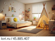 Modern sunny kids bedroom with teepee tent and toys displaying comfort and creativity. Стоковое AI-изображение, AI-художник Иван Рябоконь / Фотобанк Лори