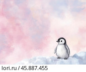Причудливая акварель пингвиненка на снежном пейзаже с пастельным фоном неба. Стоковое AI-изображение, AI-художник ФотоИнтеллект / Фотобанк Лори