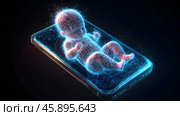 Искусственный интеллект AI новорожденный младенец появляется на свет из экрана телефона. Стоковое AI-изображение, AI-художник Денис Костров / Фотобанк Лори