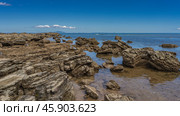 The littoral at low tide. Attached mollusks on the exposed layered stones. The bottom is visible through the clear water. Blue ocean, azure sky. Copy space. Madagascar. Nosy Be. Стоковое фото, фотограф Вера Ивановна Кубарева / Фотобанк Лори
