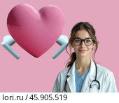 Врач-кардиолог и сердце в наушниках. Стоковая иллюстрация, иллюстратор Инна Пецко / Фотобанк Лори