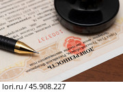 Ручка, печать и заполненная нотариусом доверенность лежат на столе. Редакционное фото, фотограф Игорь Низов / Фотобанк Лори