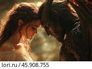 A scene of deep emotional connection between two characters: a young girl and a demonic creature. The girl with a gentle, almost angelic face, her eyes closed, her hair slightly disheveled, illuminated by a soft golden light. On her shoulders is a light, lace dress, emphasizing the fragility and purity of the image. The demon, on the contrary, is presented with rough, dark features, his skin is covered with a texture reminiscent of stone or bark. He has large horns and an expressive profile. Both characters tilt their heads towards each other, touching their foreheads, which symbolizes trust and the connection between light and darkness. The background is softly blurred, golden and warm shades create an atmosphere of mysticism and solitude. Стоковое AI-изображение, AI-художник Анна Кривицкая / Фотобанк Лори
