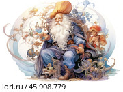 An elderly man with a long gray beard, reminiscent of a wizard or alchemist. His image is imbued with wisdom and fabulous mystery. He sits on a carved throne, dressed in a long blue robe and a wide headdress of bright golden-orange color. In one hand he holds a transparent vessel with liquid, which symbolizes his mastery in alchemy. Around him are many complex and bizarre instruments, vessels and figurines, creating the atmosphere of a laboratory.In the background, you can see a young assistant who watches the master at work with interest. The painting is done in a light watercolor technique with smooth transitions, creating a sense of magic and fantasy. The color palette includes blue, gold and soft pastel shades, emphasizing the calm and grandeur of the scene. Стоковое AI-изображение, AI-художник Анна Кривицкая / Фотобанк Лори