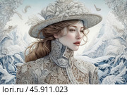 An elegant young woman against the backdrop of snow-capped mountains and a frosty landscape. Her image is made in soft pastel colors, emphasizing grace and sophistication. The girl is wearing an exquisite light outfit with a rich floral pattern, reminiscent of embroidery or a pattern on fabric. The high collar gives the look severity and sophistication. Стоковое AI-изображение, AI-художник Анна Кривицкая / Фотобанк Лори