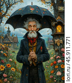 Ole Lukoje is a literary character from a fairy tale by Hans Christian Andersen. Ole Lukoje opens an umbrella without pictures for naughty children, and they spend a dreamless night. Стоковое AI-изображение, AI-художник Сергей Елизарьев / Фотобанк Лори