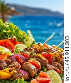 Delicious shashlik on skewers against the backdrop of the sea. Beautiful nature. Стоковое AI-изображение, AI-художник Сергей Елизарьев / Фотобанк Лори