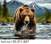 Brown bear hunts salmon in a taiga river, which goes to spawn. Стоковое AI-изображение, AI-художник Сергей Елизарьев / Фотобанк Лори