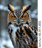 The eagle owl (Lat. Bubo bubo, Old Russian: pugač - literally "frightening, terrible") is a species of bird of prey from the owl family, one of the largest representatives of the order of owls. The most characteristic features include a massive "barrel-shaped" body type, loose plumage with a predominance of reddish and ocher shades, bright orange eyes and tufts of elongated feathers above them (the so-called "feather ears"). Стоковое AI-изображение, AI-художник Сергей Елизарьев / Фотобанк Лори
