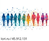 Silhouettes of various professionals and businessmen connected by multicolored lines and dots represent a variety of network connections. Стоковое AI-изображение, AI-художник Ярославский Максим / Фотобанк Лори