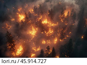 Flames engulfing trees and spreading rapidly through a dense forest, creating a scene of destruction and highlighting the devastating impact of wildfires on the environment. Стоковое AI-изображение, AI-художник Ольга Ильина / Фотобанк Лори