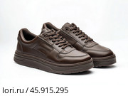 Dark brown leather lace-up running shoes with low tops, thick soles. The laces and black rubber outsole. Sporty look. Men to wear during outdoor activities, hiking. Brown shoes. Trendy Male Boots Pair. Стоковое AI-изображение, AI-художник Марина Демидюк / Фотобанк Лори