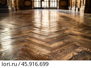 Polished herringbone parquet floor reflecting sunlight in elegant interior. Стоковое AI-изображение, AI-художник Иван Рябоконь / Фотобанк Лори