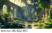 Lush greenery fills a sunlit conservatory with tropical plants and serene water features during a tranquil morning. Стоковое AI-изображение, AI-художник Михаил Коханчиков / Фотобанк Лори