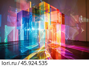 Light painting reflecting on a colorful plexiglas cube structure. Стоковое AI-изображение, AI-художник Иван Рябоконь / Фотобанк Лори