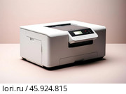 Modern multifunction printer standing on pink surface. Стоковое AI-изображение, AI-художник Иван Рябоконь / Фотобанк Лори