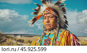 portrait of a Native American Indian in national costume. Стоковое AI-видео, аниматор Александр Довянский / Фотобанк Лори