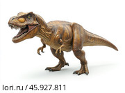 Dinosaur, presumably a Tyrannosaurus Rex, one of the most famous predators of the Cretaceous period. Its massive body is covered in detailed skin texture, with scales and folds visible, creating a realistic and powerful appearance. The large head with a massive jaw is filled with sharp teeth that are designed to tear flesh. The eyes of the dinosaur are expressive and bright, giving it an even more menacing appearance. The forelimbs are short, with two clawed fingers, while the hind legs are strong, with large claws for stability and movement. The tail is long, powerful, used for balance. Стоковое AI-изображение, AI-художник Анна Кривицкая / Фотобанк Лори