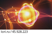 Atomic nucleus rotating with electrons orbiting around it on dark background. Стоковое AI-видео, аниматор Юрий Поздников / Фотобанк Лори