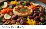 Sumptuous Spread of Traditional Arabic Food Served During Ramadan Featuring Dates, Almonds, and a Variety of Dried Fruits Arranged Beautifully. Стоковое AI-изображение, AI-художник Sergey Grishin / Фотобанк Лори