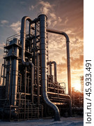 Industrial factory, furnace and heat exchanger cracking hydrocarbons at sunset background. Equipment petrochemical plant with pipes. Manufacturing and industry technology concept. Copy ad text space. Стоковое AI-изображение, AI-художник Aleksandr Golubev / Фотобанк Лори