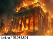 Ancient greek temple burning down in flames at night. Стоковое AI-изображение, AI-художник Иван Рябоконь / Фотобанк Лори