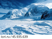Untouched snow covering vast frozen landscape under blue sky. Стоковое AI-изображение, AI-художник Иван Рябоконь / Фотобанк Лори