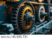 Close up view of industrial gears working together in machine. Стоковое AI-изображение, AI-художник Иван Рябоконь / Фотобанк Лори