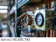 Old analog gauge showing pressure in bar and psi units. Стоковое AI-изображение, AI-художник Иван Рябоконь / Фотобанк Лори