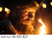 Medieval man wearing tricorn hat holding torch at night festival. Стоковое AI-изображение, AI-художник Иван Рябоконь / Фотобанк Лори