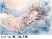 A sleeping girl wrapped in a soft blanket that shimmers in light pastel colors with patterns. Her face is calm, with a slight blush on her cheeks, and her lips are slightly parted. The girl's hair is curled, decorated with an intricate crown or tiara made of twigs, flowers and snowflakes. A winter atmosphere reigns around her: snow-covered trees and light snow patterns are visible in the background. The color palette of the image includes soft blue, white and pinkish shades, which creates a feeling of calm, purity and a winter fairy tale. The picture conveys a feeling of coziness, magic and peace. Стоковое AI-изображение, AI-художник Анна Кривицкая / Фотобанк Лори