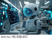 A high-tech robot with a white metal body, standing in front of a data monitor. Its head is rounded, with a digital display that displays glowing blue pixels. The robot is connected to a system that is clearly designed to perform complex analytical or medical tasks. The entire scene is lit with a soft bluish light, typical of a modern laboratory or research center. Laboratory equipment can be seen in the background, creating the atmosphere of a futuristic work environment. The robot has thin, detailed arms with movable fingers, emphasizing its ability to work accurately and delicately. Стоковое AI-изображение, AI-художник Анна Кривицкая / Фотобанк Лори