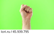Male Hand Making Rise Up Sign Symbol. Chroma Key Green Screen Background. Gesture Movement. Body Language. 4K Footage. Close Up. Raised Hand. Clenched Closed Fist. Raised Up. Human Equal Rights. Vote. Стоковое видео, видеограф Марина Демидюк / Фотобанк Лори