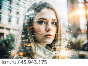 Portrait of a young woman. Conceptual artistic close-up image against the background of a city with double exposure and visual effects. An advertising move. Стоковое AI-изображение, AI-художник Photojuli / Фотобанк Лори