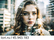 Portrait of a young woman. Conceptual artistic close-up image against the background of a city with double exposure and visual effects. An advertising move. Стоковое AI-изображение, AI-художник Photojuli / Фотобанк Лори