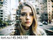 Portrait of a young woman. Conceptual artistic close-up image against the background of a city with double exposure and visual effects. An advertising move. Стоковое AI-изображение, AI-художник Photojuli / Фотобанк Лори