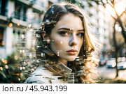 Portrait of a young woman. Conceptual artistic close-up image against the background of a city with double exposure and visual effects. An advertising move. Стоковое AI-изображение, AI-художник Photojuli / Фотобанк Лори