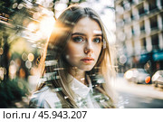Portrait of a young woman. Conceptual artistic close-up image against the background of a city with double exposure and visual effects. An advertising move. Стоковое AI-изображение, AI-художник Photojuli / Фотобанк Лори