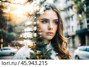 Portrait of a young woman. Conceptual artistic close-up image against the background of a city with double exposure and visual effects. An advertising move. Стоковое AI-изображение, AI-художник Photojuli / Фотобанк Лори