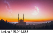 Stunning Nighttime View of Stars and Moon Above an Islamic Mosque During Sunset. Стоковое AI-видео, аниматор Sergey Grishin / Фотобанк Лори