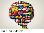 Human brain covered with flags representing global communication and cultural exchange. Стоковое AI-изображение, AI-художник Иван Рябоконь / Фотобанк Лори