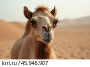One-humped camel stands on desert sand. Arid Terrain. AI Generative. Стоковое AI-изображение, AI-художник Spirit River / Фотобанк Лори