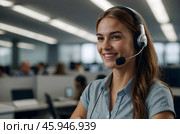 The girl works at the call center wearing headphones for negotiations. Стоковое AI-изображение, AI-художник Александр Поташев / Фотобанк Лори