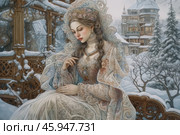 An elegant young woman in a winter landscape. She is sitting on a beautifully carved wooden bench decorated with ornaments, against the backdrop of a snow-covered garden. The woman is dressed in an exquisite dress with delicate patterns and a veil, her headdress is richly decorated, reminiscent of the traditional Russian kokoshnik. Soft pastel and cream shades dominate her outfit. She has a massive decoration with a precious stone on her neck. Her pose and thoughtful expression create an atmosphere of silence and comfort. Behind her, a luxurious house with carved elements, covered in snow, is visible, and dense winter trees are around. Стоковое AI-изображение, AI-художник Анна Кривицкая / Фотобанк Лори