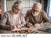 Pension. Saving money. Savings. An elderly couple calculates their savings. Financial literacy. Стоковое AI-изображение, AI-художник Photojuli / Фотобанк Лори